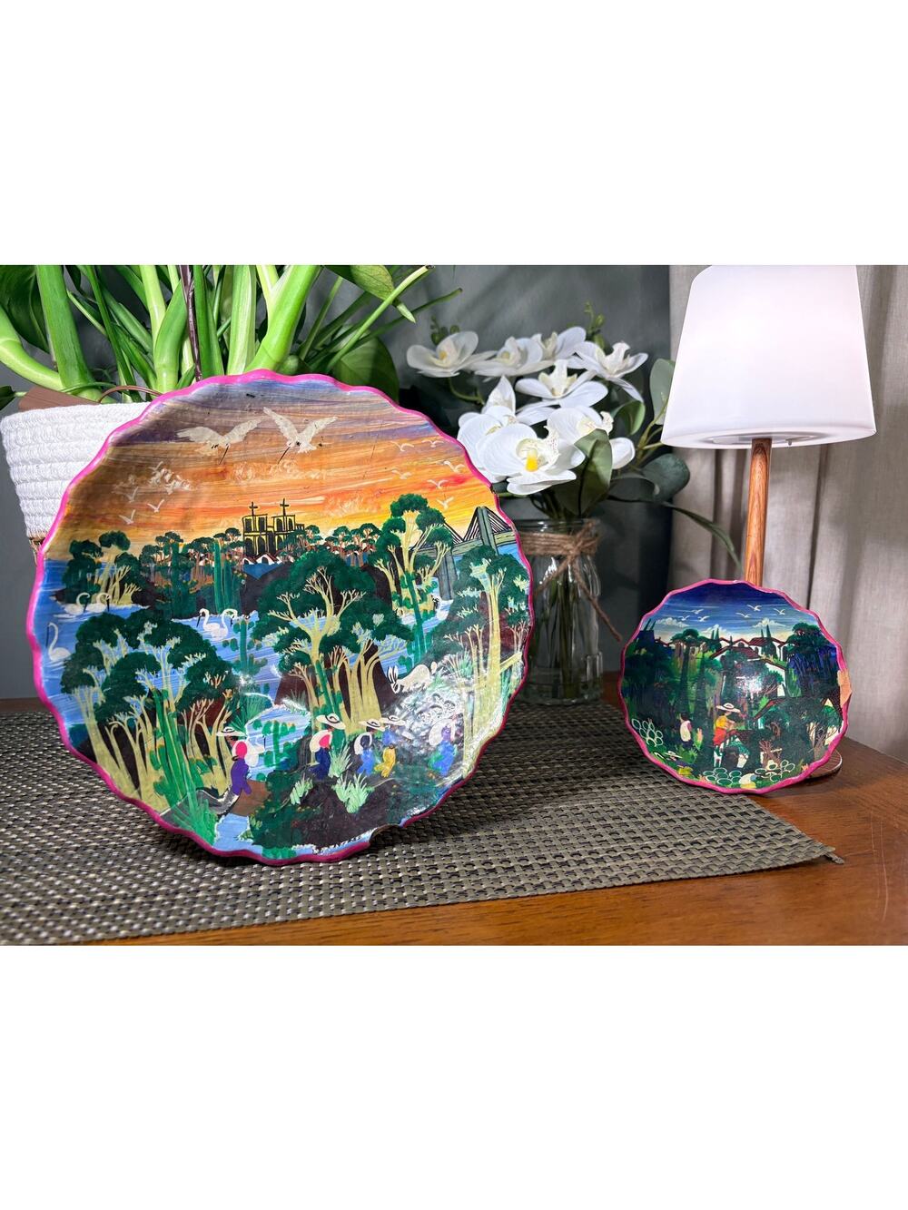 Hand Painted Folk Art Footed Bowl Set Scenic Landscape Village Decor